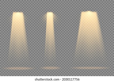 Collection of stage lighting spotlights, scene, stage lighting large collection, projector light effects, bright yellow lighting with spotlights, spot light isolated on transparent background, vector.