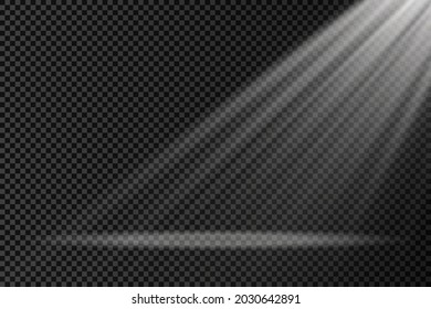 Colección de focos de iluminación escénica, escena, iluminación escénica gran colección, efectos de luz del proyector, iluminación amarillo brillante con focos, luz spot aislada sobre fondo transparente, vector.