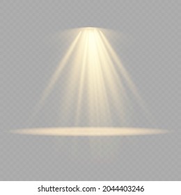 Collection of stage lighting spotlights, scene, stage lighting large collection, projector light effects, bright yellow lighting with spotlights, spot light isolated on transparent background, vector.