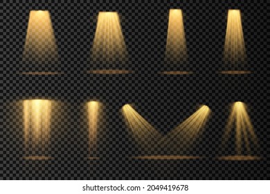 Collection of stage lighting spotlights, scene, stage lighting large collection, projector light effects, bright yellow lighting with spotlights, spot light isolated on transparent background, vector.