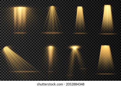 Collection of stage lighting spotlights, scene, stage lighting large collection, projector light effects, bright yellow lighting with spotlights, spot light isolated on transparent background, vector.