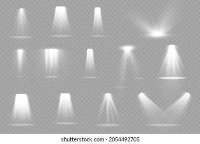 Collection of stage lighting spotlights, scene, stage lighting large collection, projector light effects, bright yellow lighting with spotlights, spot light isolated on transparent background, vector.