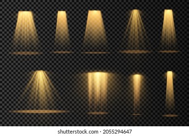Collection of stage lighting spotlights, scene, stage lighting large collection, projector light effects, bright yellow lighting with spotlights, spot light isolated on transparent background, vector.