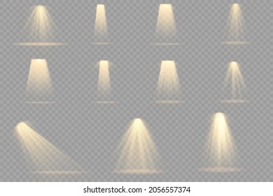 Collection of stage lighting spotlights, scene, stage lighting large collection, projector light effects, bright yellow lighting with spotlights, spot light isolated on transparent background, vector.