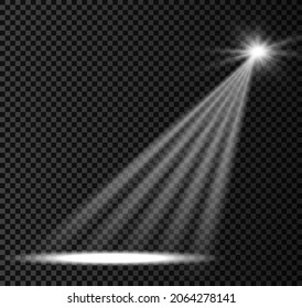 Colección de focos de iluminación escénica, escena, iluminación escénica de gran colección, efectos de luz del proyector, iluminación blanca brillante con focos, luz spot aislada sobre fondo transparente, vector.
