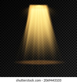 Colección de focos de iluminación escénica, escena, iluminación escénica gran colección, efectos de luz del proyector, iluminación amarillo brillante con focos, luz spot aislada sobre fondo transparente, vector.