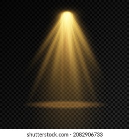 Collection of stage lighting spotlights, scene, stage lighting large collection, projector light effects, bright yellow lighting with spotlights, spot light isolated on transparent background, vector.