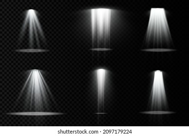 Collection of stage lighting spotlights, scene, stage lighting large collection, projector light effects, bright yellow lighting with spotlights, spot light isolated on transparent background, vector.