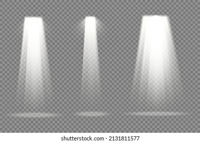 Collection of stage lighting spotlights, scene, stage lighting large collection, bright yellow lighting with spotlights, projector light effects, spot light isolated on transparent background, vector.
