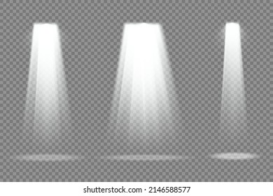 Colección de focos de iluminación escénica, escena, efectos de luz del proyector, iluminación amarilla brillante con focos, iluminación escénica de gran colección, luz spot aislada sobre fondo transparente, vector.
