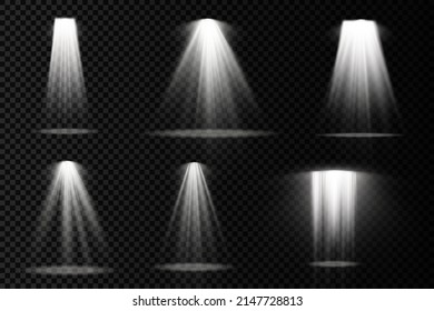Collection of stage lighting spotlights, scene, projector light effects, bright yellow lighting with spotlights, stage lighting large collection, spot light isolated on transparent background, vector.
