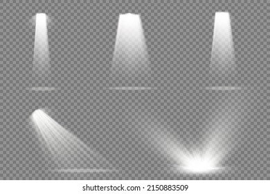 Collection of stage lighting spotlights, scene, stage lighting large collection, projector light effects, bright yellow lighting with spotlights, spot light isolated on transparent background, vector.