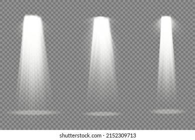 Collection of stage lighting spotlights, scene, stage lighting large collection, projector light effects, bright white lighting with spotlights, spot light isolated on transparent background, vector.