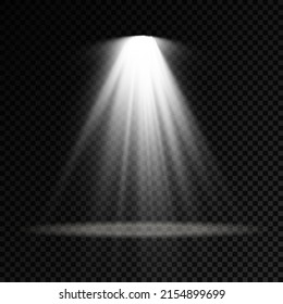 Collection of stage lighting spotlights, scene, stage lighting large collection, projector light effects, bright white lighting with spotlights, spot light isolated on transparent background, vector.