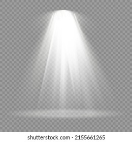 Collection of stage lighting spotlights, scene, stage lighting large collection, projector light effects, bright white lighting with spotlights, spot light isolated on transparent background, vector.