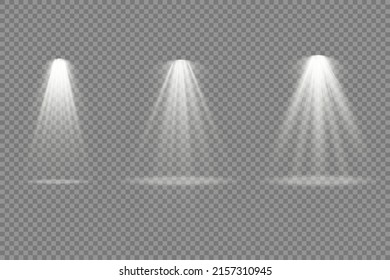 Sammlung von Bühnenlichtscheinwerfern, Szene, Bühnenbeleuchtung große Sammlung, Projektor-Lichteffekte, hellgelbe Beleuchtung mit Scheinwerfern, Spotlight einzeln auf transparentem Hintergrund, Vektorgrafik.