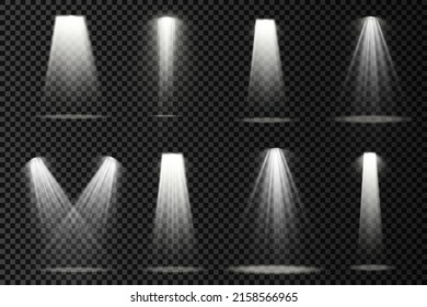 Collection of stage lighting spotlights, scene, stage lighting large collection, projector light effects, bright white lighting with spotlights, spot light isolated on transparent background, vector.