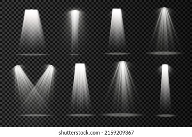 Collection of stage lighting spotlights, scene, stage lighting large collection, projector light effects, bright yellow lighting with spotlights, spot light isolated on transparent background, vector.