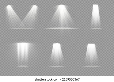 Collection of stage lighting spotlights, scene, stage lighting large collection, projector light effects, bright yellow lighting with spotlights, spot light isolated on transparent background, vector.