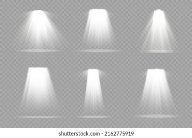Collection of stage lighting spotlights, scene, stage lighting large collection, projector light effects, bright white lighting with spotlights, spot light isolated on transparent background, vector.