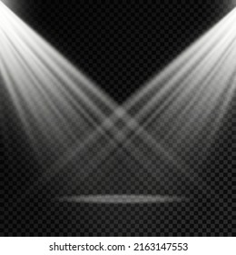 Colección de focos de iluminación escénica, escena, iluminación escénica de gran colección, efectos de luz del proyector, iluminación blanca brillante con focos, luz spot aislada sobre fondo transparente, vector.