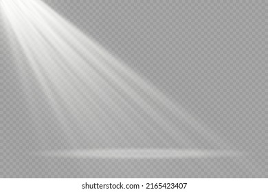 Colección de focos de iluminación escénica, escena, iluminación escénica de gran colección, efectos de luz del proyector, iluminación blanca brillante con focos, luz spot aislada sobre fondo transparente, vector.