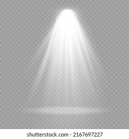 Collection of stage lighting spotlights, scene, stage lighting large collection, projector light effects, bright lighting with white spotlight, spot light isolated on transparent background, vector.