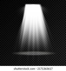 Collection of stage lighting spotlights, scene, stage lighting large collection, projector light effects, bright white lighting with spotlights, spot light isolated on transparent background, vector.