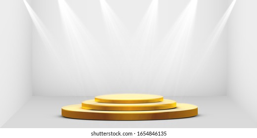 A collection of stage lighting, transparent effects. In a room with a golden podium. Bright lighting with spotlights is aimed directly at the podium. Gray background