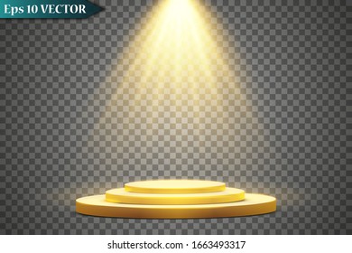 A collection of stage lighting, transparent effects. In a room with a golden podium. Bright lighting with spotlights is aimed directly at the podium. Gray background