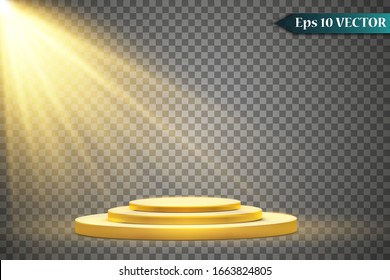 A collection of stage lighting, transparent effects. In a room with a golden podium. Bright lighting with spotlights is aimed directly at the podium. Gray background