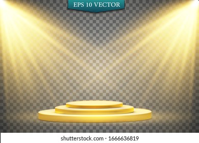 Una colección de iluminación escénica, efectos transparentes. En una habitación con un podio dorado. La luminosidad con focos está directamente en el podio. Fondo gris