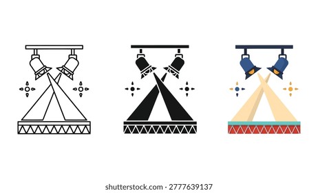 A collection of stage spotlight icons featuring line art, solid silhouette, and flat color styles with crossing light beams.