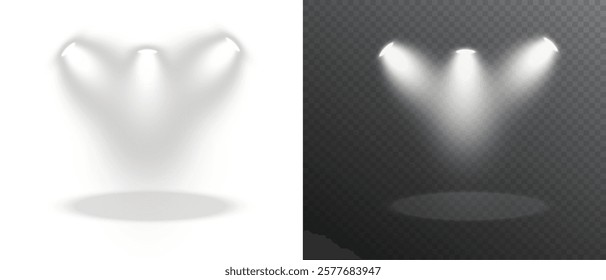 Collection of Stage and Studio Lighting: Realistic Spotlights. Spot lights, stage lighting large collection, projector light effects, searchlights, projector bright rays. Glow isolated light effect.