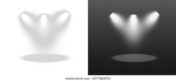 Collection of Stage and Studio Lighting: Realistic Spotlights. Spot lights, stage lighting large collection, projector light effects, searchlights, projector bright rays. Glow isolated light effect.