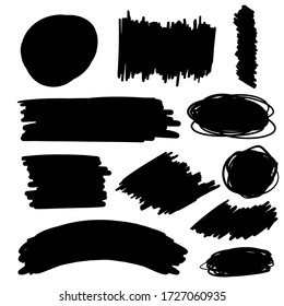  Collection of stains, brush strokes in grunge style. Banners, insignias, logos, badges, labels and badges set. Monochrome abstract spots on a white background. Vector and stock texture.