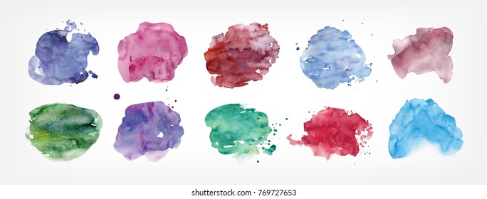 Collection of stains hand painted with watercolor isolated on white background. Bundle of paint blots of different shape and color. Set of aquarelle design elements. Colorful vector illustration.