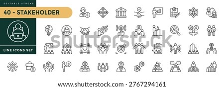 A collection of Stakeholder icons set with editable stroke, including Management, investors, partners, business, collaboration, teamwork, employees. Thin linear vector illustration.
