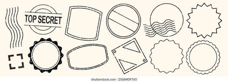 Collection of stamp designs with various shapes and patterns. Includes 'Top Secret' stamp. Stamps feature circles, squares, and waves. Stamp designs for creative use. Black stamps, vector set.