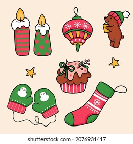 collection stamp with items for christmas or new year card and lettering, cartoon flat design, vector illustration