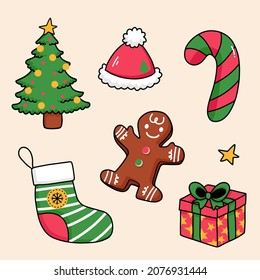 collection stamp with items for christmas or new year card and lettering, cartoon flat design, vector illustration