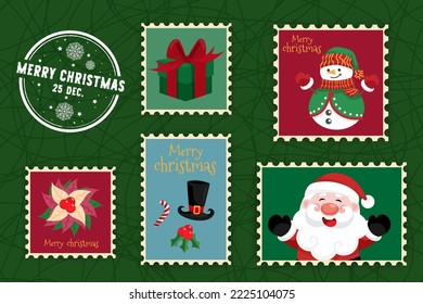 collection stamp with items for christmas or new year card and lettering, cartoon flat design, vector illustration