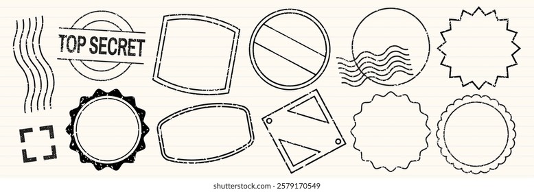 Collection of stamp outlines, featuring various shapes like circles and squares. Includes 'Top Secret' stamp. Stamp designs for creative projects. Black stamps, vector set.