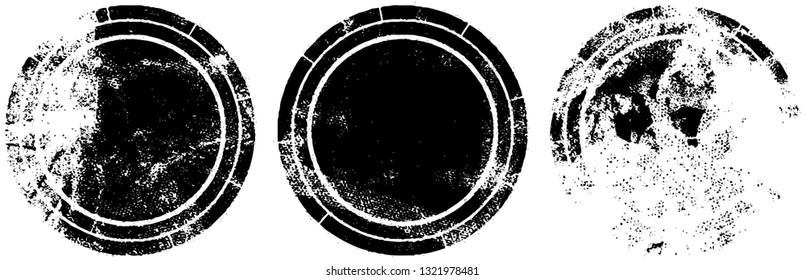 Collection of stamps in grunge style. Set of round icons in black on white background. Grunge texture imprint paint