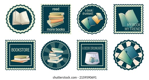 Collection stamps with illustration of books. Bookstore, bookshop, library, book lover, education concept. Vector illustration perfect foe design of bookstore or library, decoration of book, label.