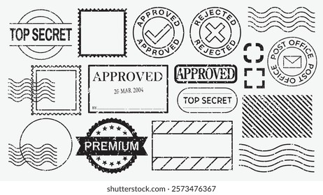 Collection of stamps and seals: approved, rejected, top secret. Postal and premium designs. Stamps, seals, and postal elements in various styles. Vintage black stamps, vector set.