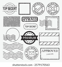 Collection of stamps and seals featuring 'Approved', 'Top Secret', and 'Rejected'. Includes postal and premium designs. Vintage stamp and seal variety. Black stamps, vector set.