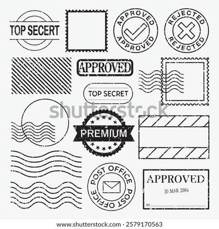 Collection of stamps and seals featuring 'Approved', 'Top Secret', and 'Rejected'. Includes postal and premium designs. Vintage stamp and seal variety. Black stamps, vector set.