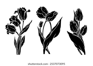 Collection of stamps, silhouettes of bouquets of spring flowers and tulip buds. Simple botanical elements. Vector graphics.