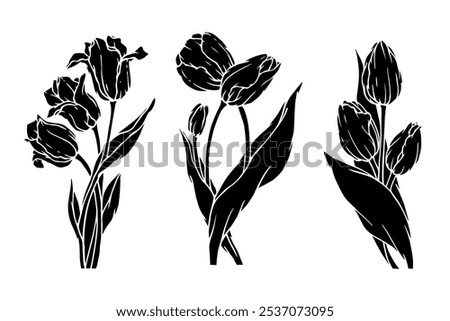 Collection of stamps, silhouettes of bouquets of spring flowers and tulip buds. Simple botanical elements. Vector graphics.